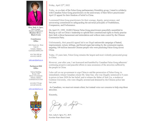 Image for article ​Ottawa, Kanada: Posłanka wyraża uznanie dla pokojowego apelu z 25 kwietnia
