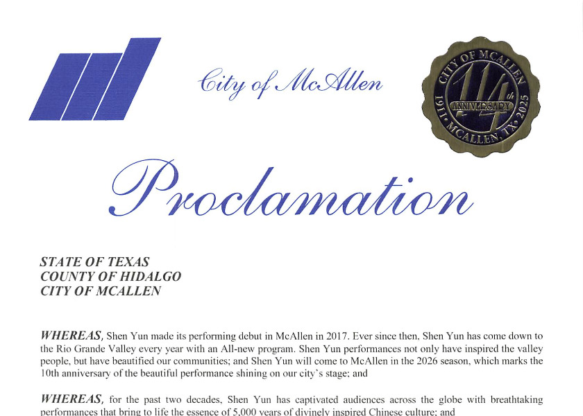Image for article Teksas, USA: Burmistrz McAllen ogłasza Dzień Shen Yun Performing Arts