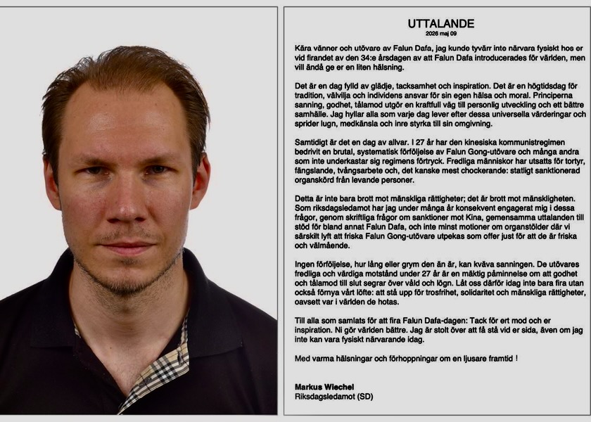 Image for article Członkowie szwedzkiego parlamentu upamiętniają Światowy Dzień Falun Dafa