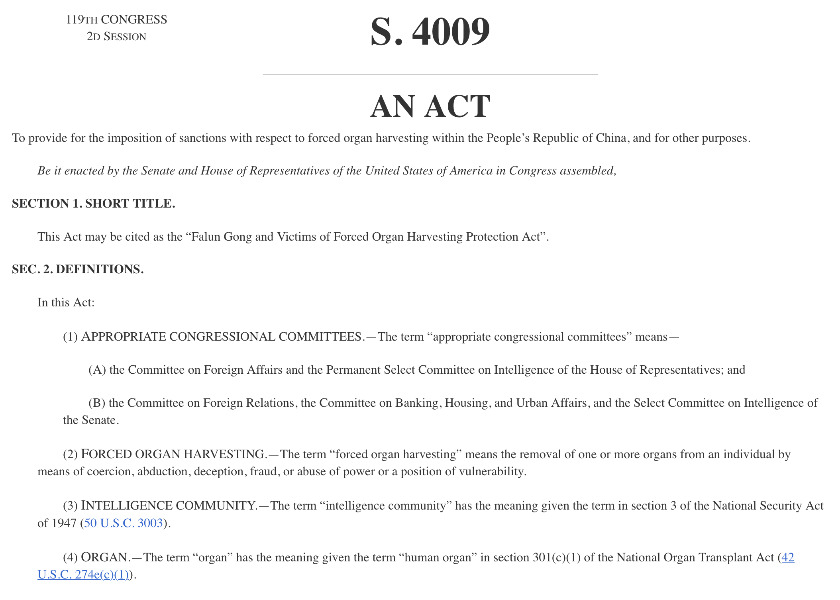 Image for article Senat USA uchwala ustawę S.4009: Ustawa o ochronie Falun Gong i ofiar grabieży organów